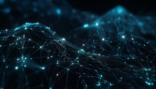 Visualización futurista de datos que muestra soluciones financieras, de gestión de créditos e inteligencia de riesgos impulsadas por la tecnología, con un chevron transparente apuntando a la derecha superpuesto.