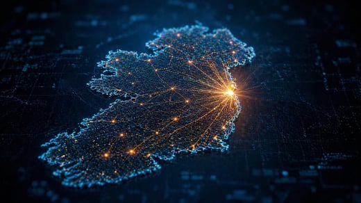 Mapa digital con puntos de datos interconectados que representan las redes de crédito al consumo, el acceso al crédito y las soluciones de tecnología financiera